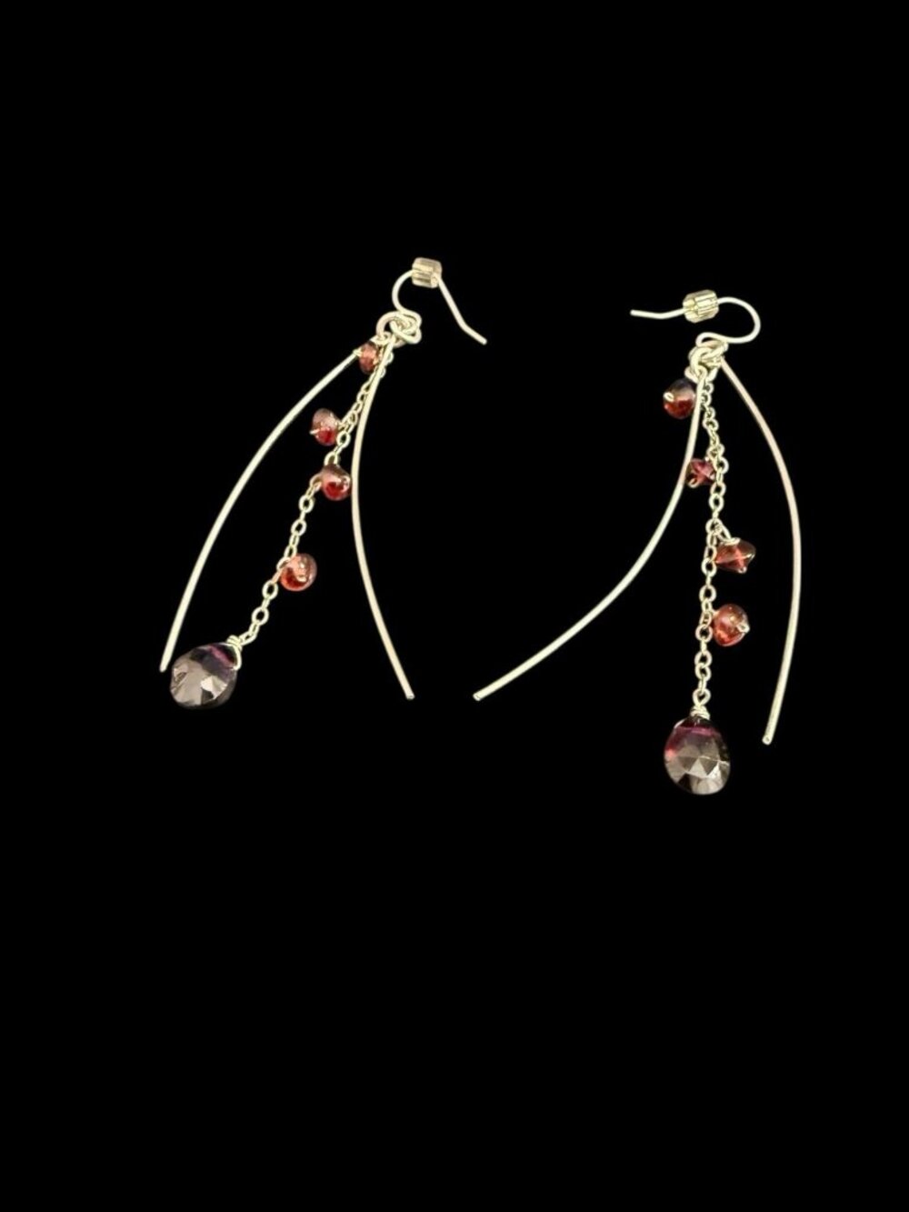 Vintage Sterling Silver Modernist Garnet Teardrop Dangle Earrings Hook Pierced